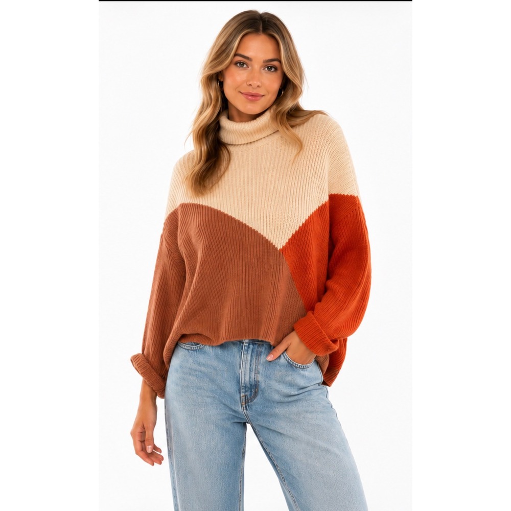Pink Lily Colorblock Turtleneck Ribbed Knit Sweater Small